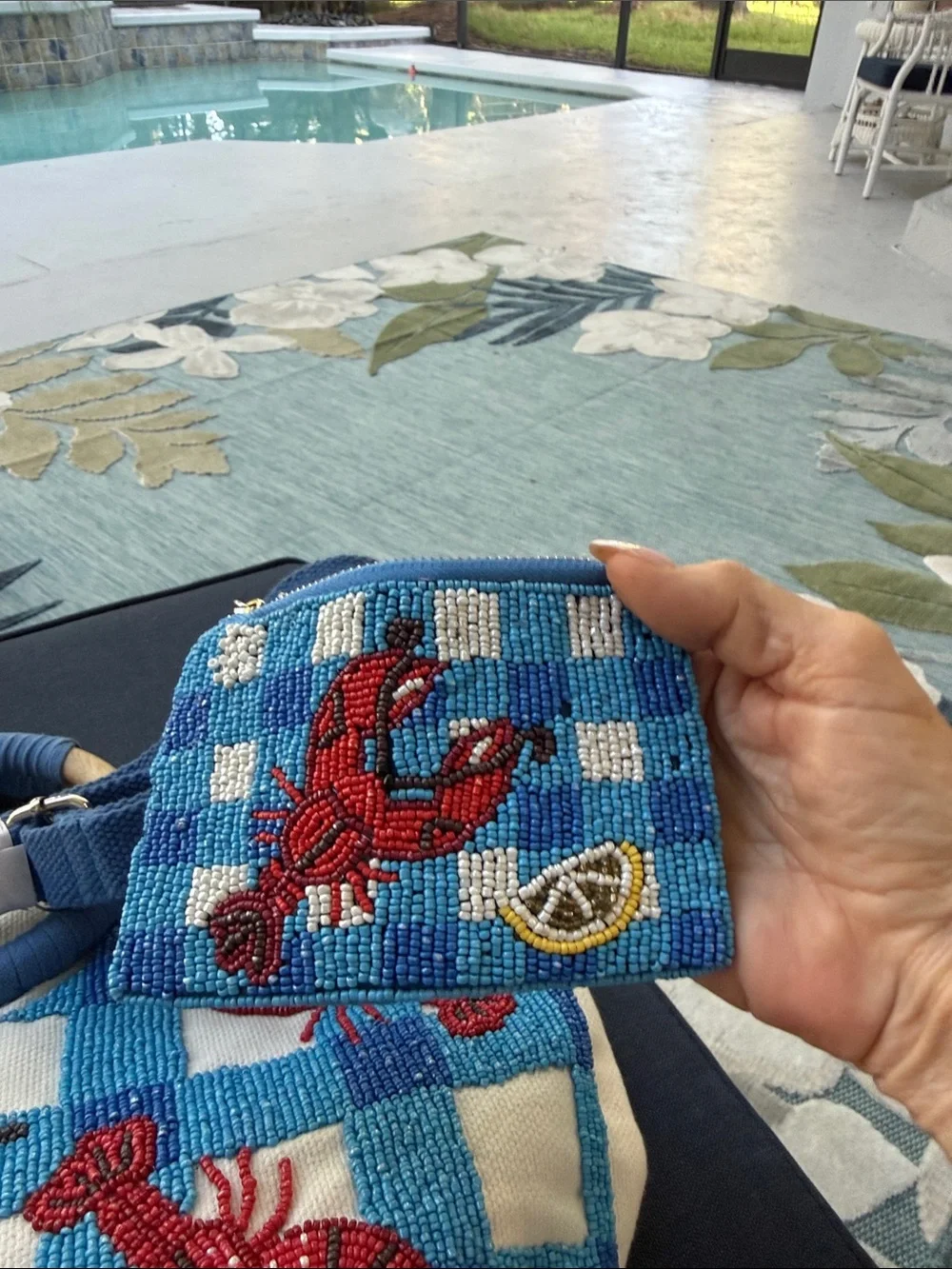 Blue Check Lobster Beaded Tote